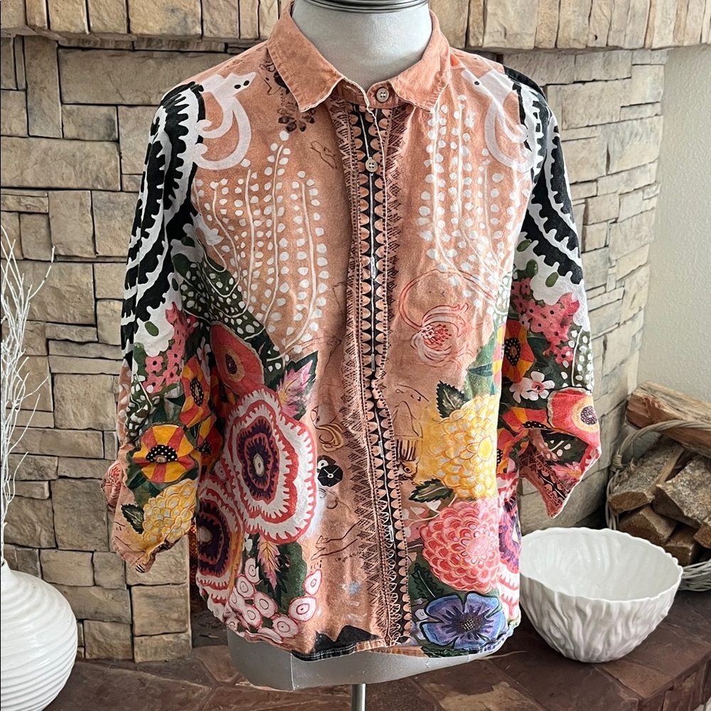 Floral Button-Up Shirt with Colorful Patterns and wide 3/4  sleeves - Picture 1 of 4